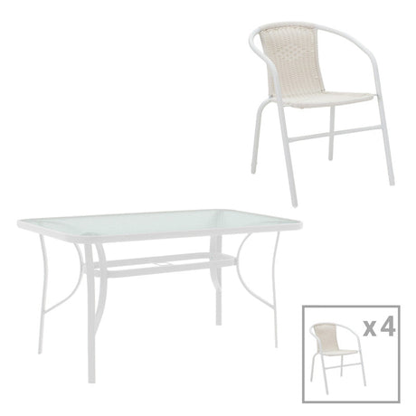 Masă de sufragerie cu scaune set 5 piese Obbi-Ensure, metal-Sticla, Alb, 120x70x70 cm