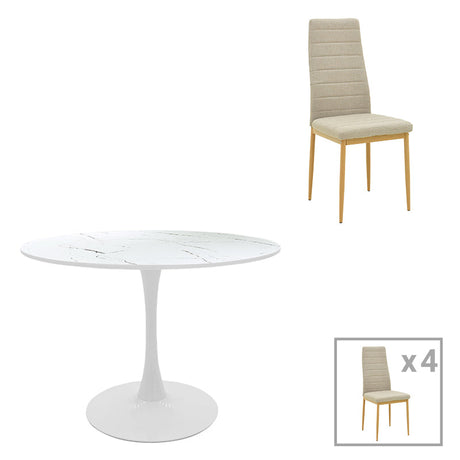 Masă de sufragerie cu set de 5 piese Balou-Parker, și metal, Alb-Bej, 120x73 cm