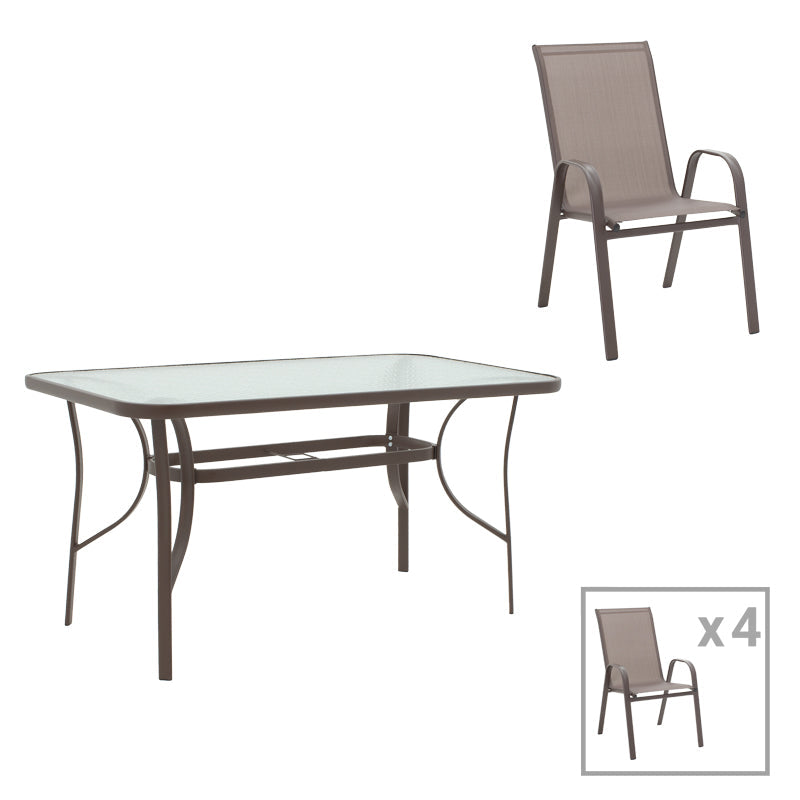 Masă de sufragerie Ensure-Calan set 5 piese metal-textilene, maro, 120x70x70 cm