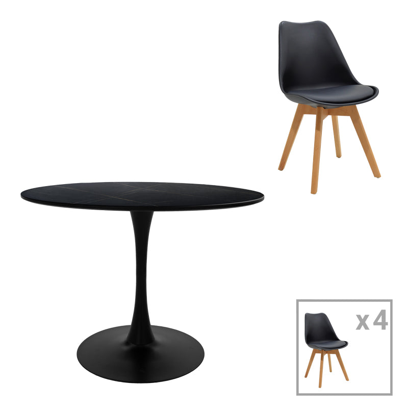 Masă de sufragerie Gaston-Balou I set de 5 -mdf, neagra-Natural, D120x75 cm