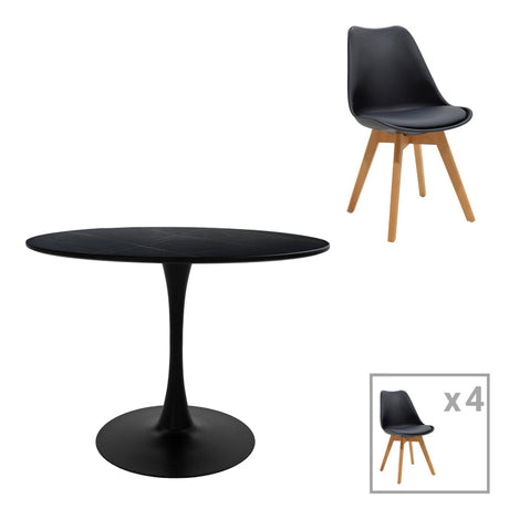 Masă de sufragerie Gaston-Balou I set de 5 -mdf, neagra-Natural, D120x75 cm