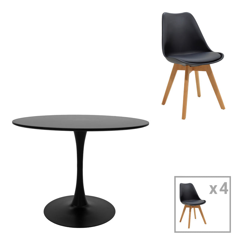 Masă de sufragerie Gaston-Balou set de 5 piese -mdf, negru-Natural, D100x75 cm
