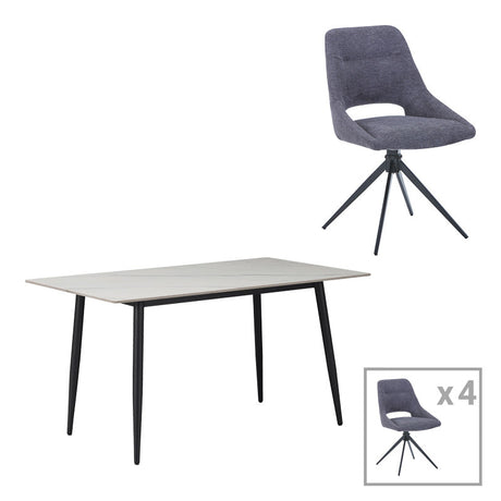 Masă de sufragerie Gustas-Luciano I set de 5 piese marmura Alb piatra sinterizata-metal, negru, 120x60x75 cm