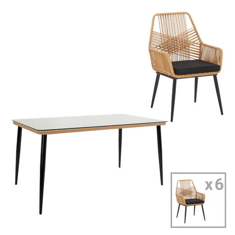 Masă de sufragerie Naoki-Tanish set de 7 piese metal negru-pe sticla, Natural, 160x90x78 cm