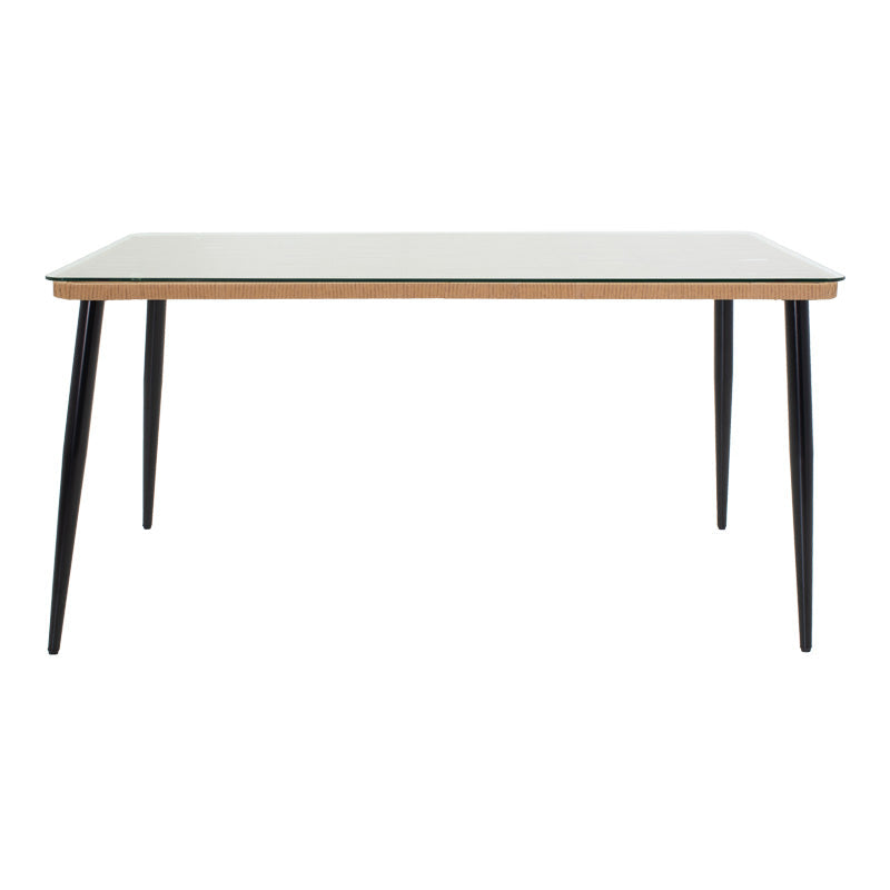 Masă de sufragerie Naoki-Tanish set de 7 piese metal negru-pe sticla, Natural, 160x90x78 cm