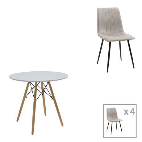 Masă de sufragerie set 5 piese Julita Noor, Lemn, Alb-Gri, D80x76 cm