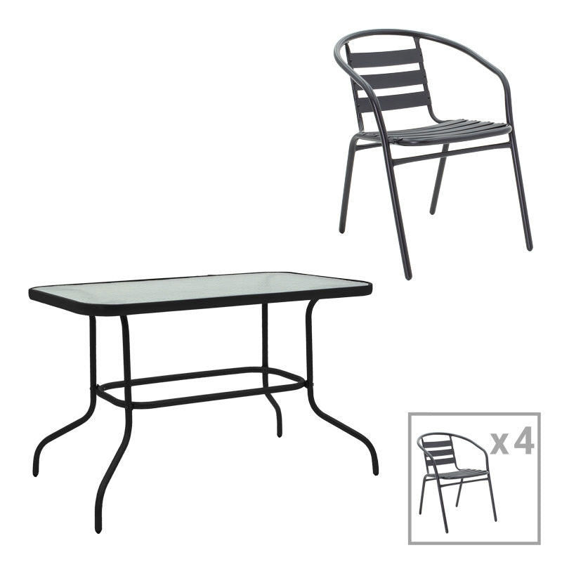 Masă de sufragerie cu funcție de Valor-Tade, Set 5 piese, Metal negru-Glas, 110x60x70 cm