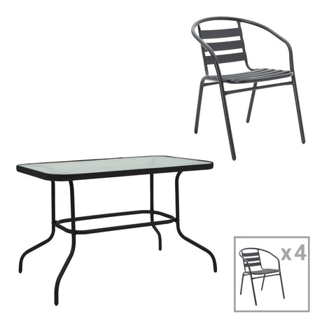 Masă de sufragerie cu funcție de Valor-Tade, Set 5 piese, Metal negru-Glas, 110x60x70 cm