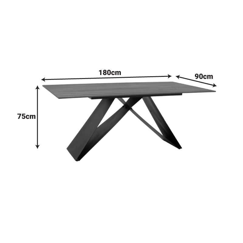 Masă de sufragerie Sabrina cu suprafață din piatră sinterizată, Material: Imitație nuc și metal, negru, 180x90x75 cm