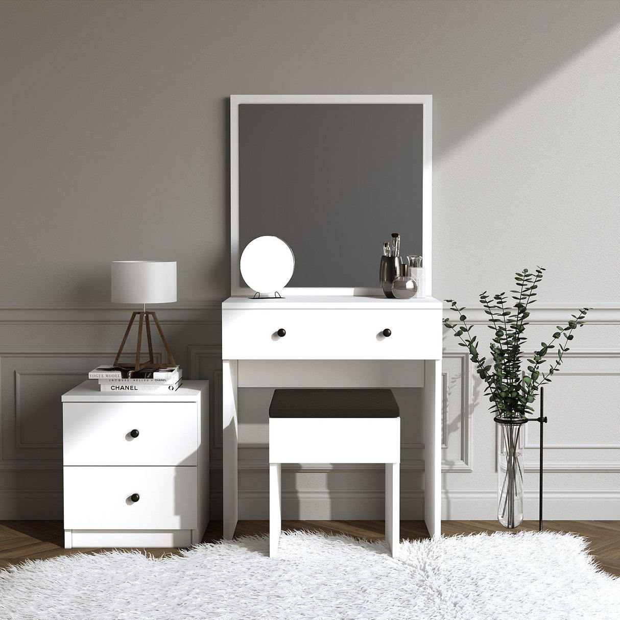 Masa de toaleta / machiaj Nice cu oglinda, taburet si comoda, Alb, 65x139x35 cm