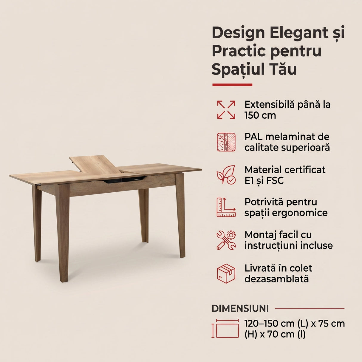 Masă de sufragerie MMS-706-FF-1 Home Collection®, Design Modern, Extensibilă, 120–150 cm, 120x70x75 cm - Lemn Natural | SKU: MMS-706-FF-1