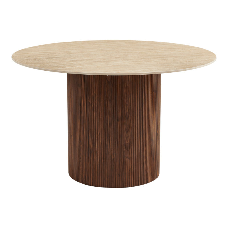 Masă de sufragerie Sikulu, Aspect travertin, Bej - Stejar, D125x77 cm - Bej