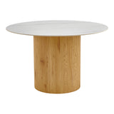 Masă de sufragerie Sikulu, Aspect travertin, Bej - Stejar, D125x77 cm - Masă de sufragerie Sikulu, Aspect travertin, Bej - Stejar, D125x77 cm