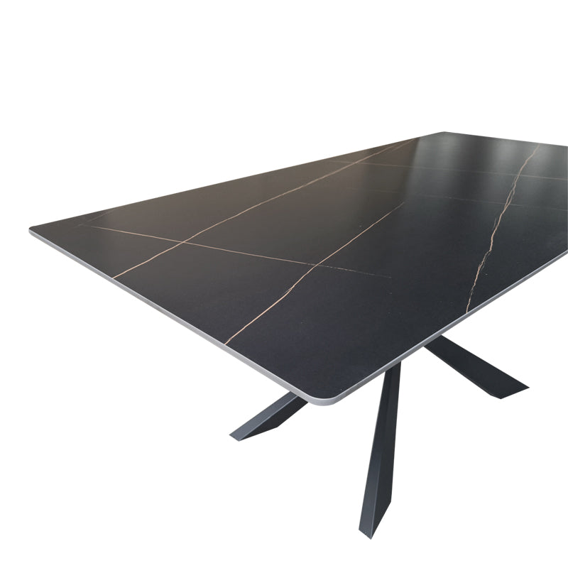 Masă de sufragerie cu blat din piatra sinterizata model Mattias, structura metalica, Alb - Negru, 180x90x75 cm - Negru