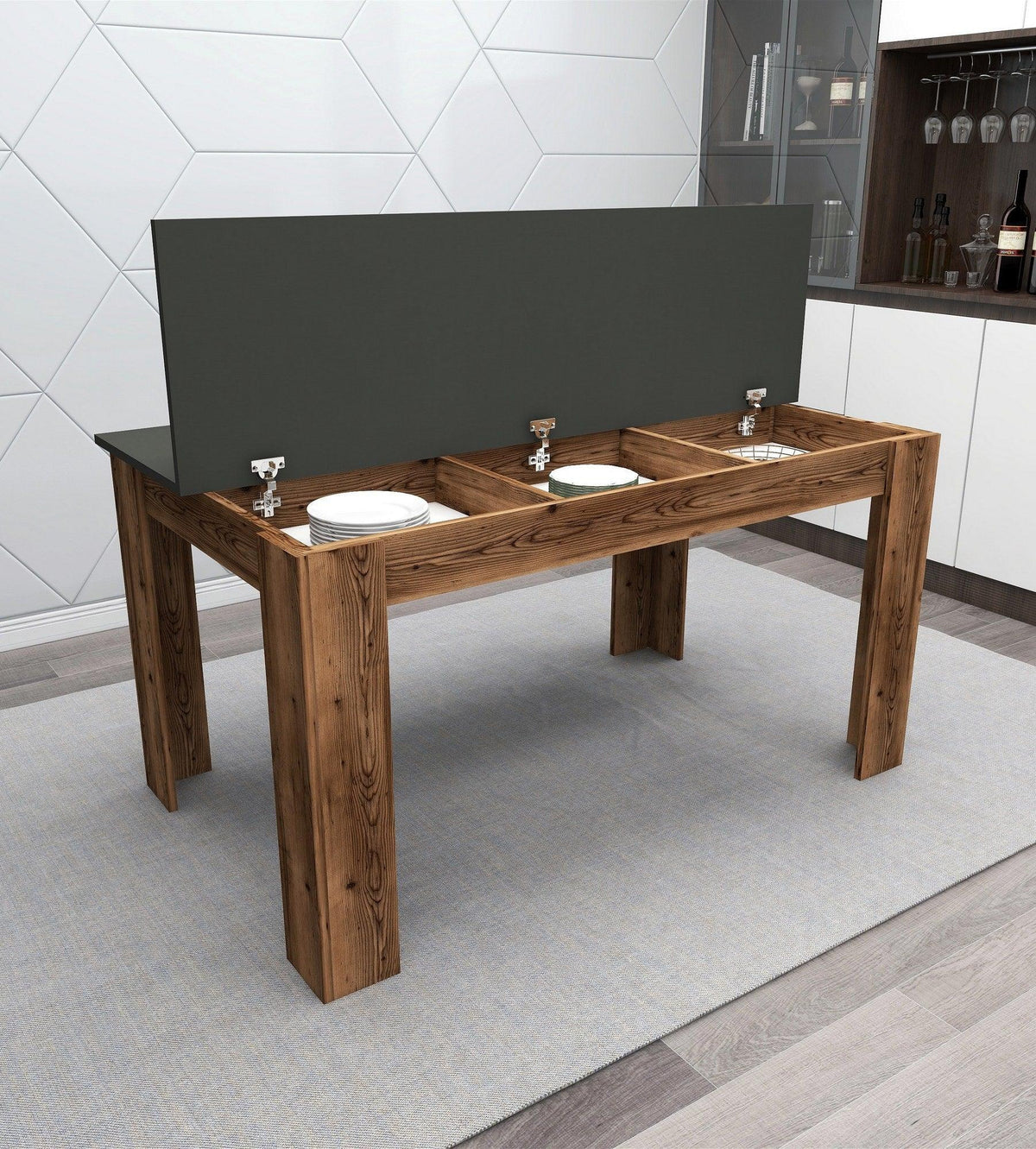 Masă Mikas Bucatarie Elegant cu Loc de Depozitare, Anthracite, Nuc deschis, 145 x 77 x 88 cm