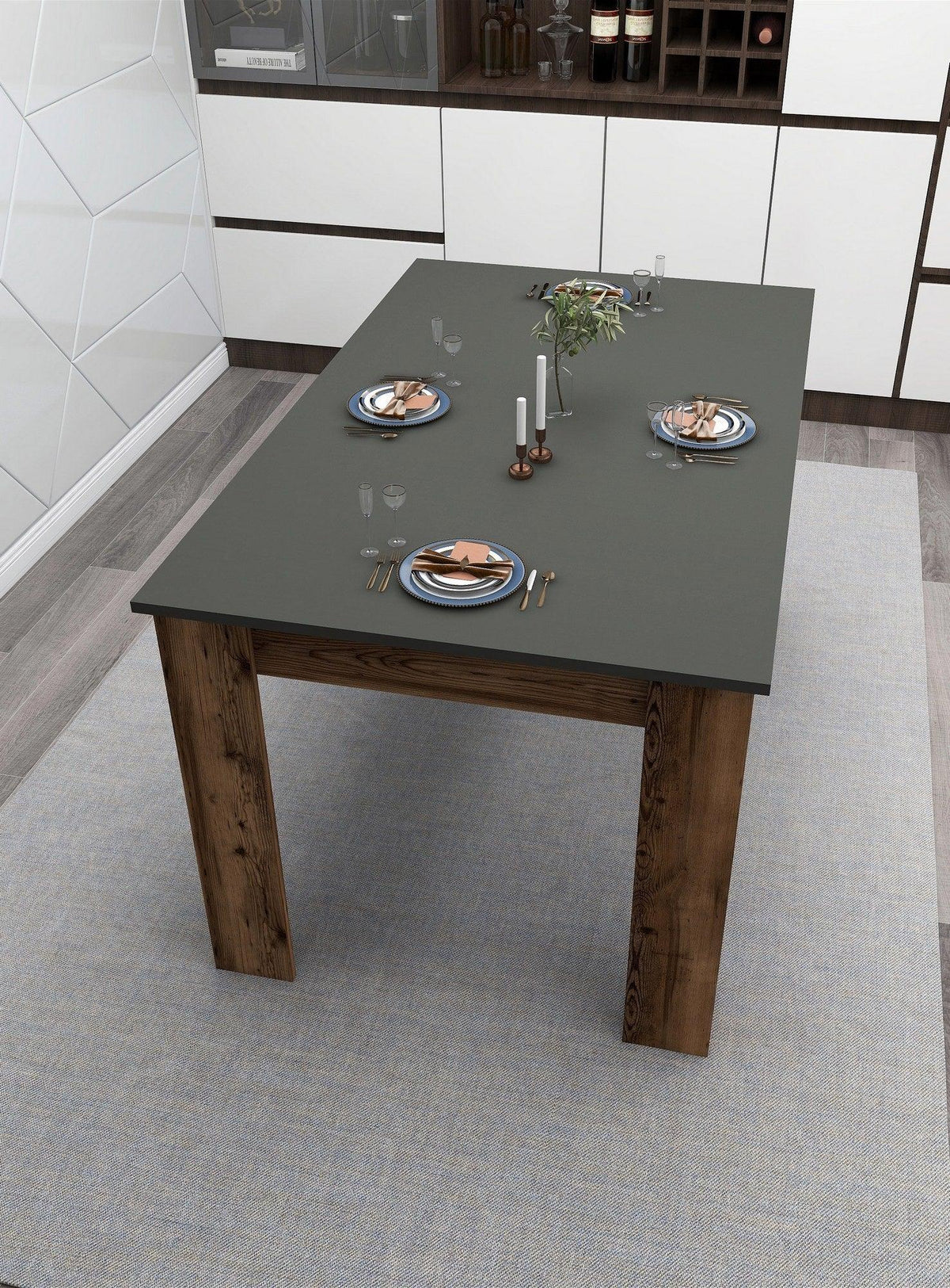 Masă Mikas Bucatarie Elegant cu Loc de Depozitare, Anthracite, Nuc deschis, 145 x 77 x 88 cm