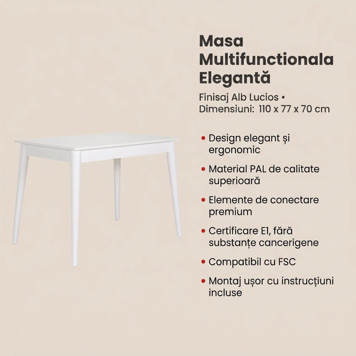 Masa Multifunctionala MMS-504-DD-2 Home Collection®, Alb Lucios, 110x77x70 cm