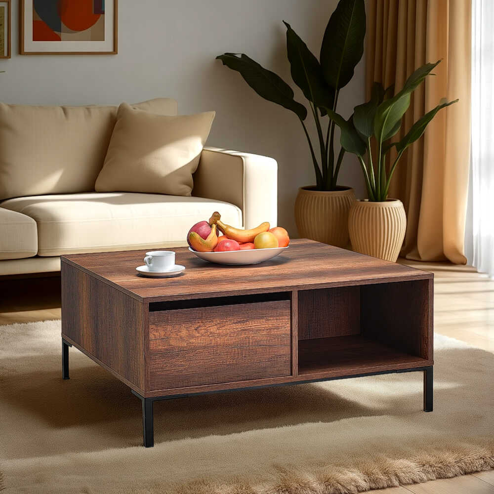 Masuta Cafea SHP-660-DD-1 Home Collection® cu sertar si picioare metalice, Alb - Maro - Natur, 90x42x90 cm - Maro | SKU: SHP-660-OO-1