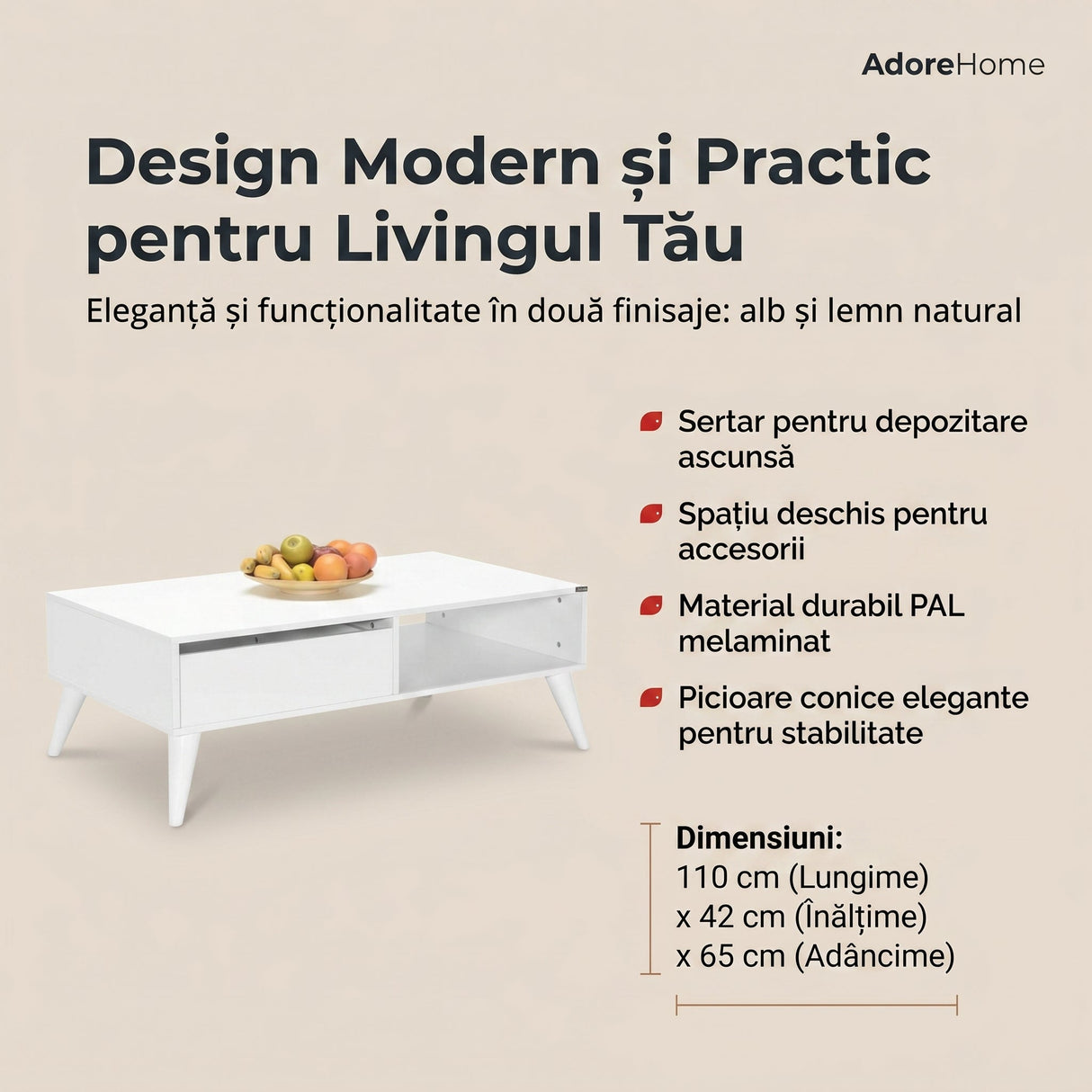 Masuta Cafea cu sertar SHP-655-DD-1 Home Collection® Living, Alb - Maro - Natur, 110x42x65 cm - Alb | SKU: SHP-655-DD-1, SHP-655-TT-1, SHP-655-OO-1