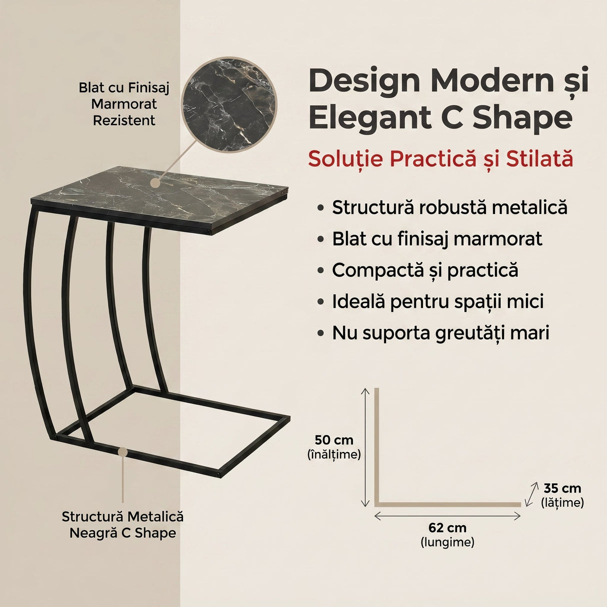 Masuta Cafea Laterala SHP-908-QQ-1 Home Collection® C shape, 50x62x35 cm - Antracit | SKU: SHP-908-QQ-1