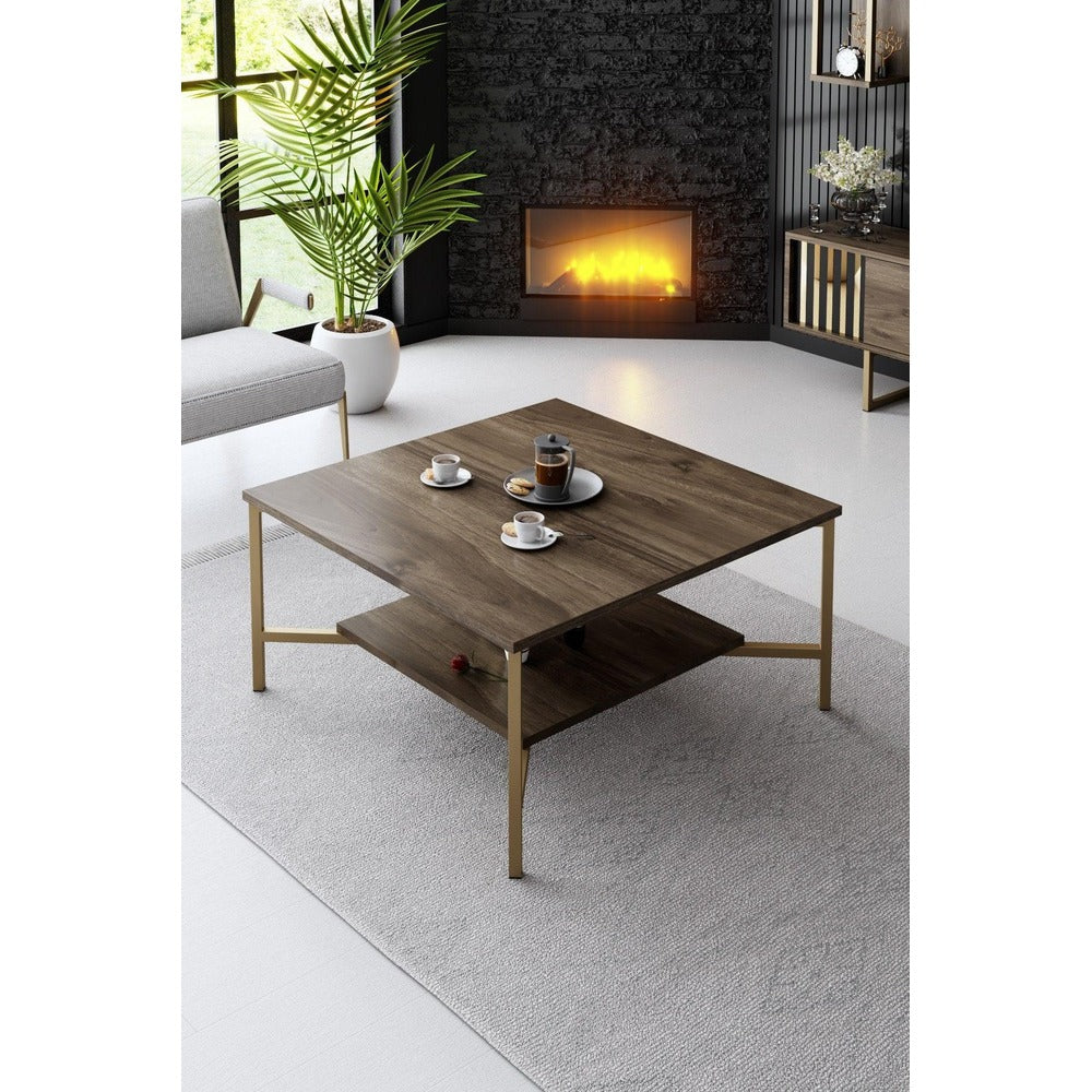 Masuta Cafea, PAL Melaminat / Metal, Gold Line, Negru / Auriu, 80x80x40 cm - Nuc