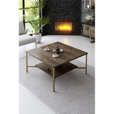Masuta Cafea, PAL Melaminat / Metal, Gold Line, Negru / Auriu, 80x80x40 cm - Nuc