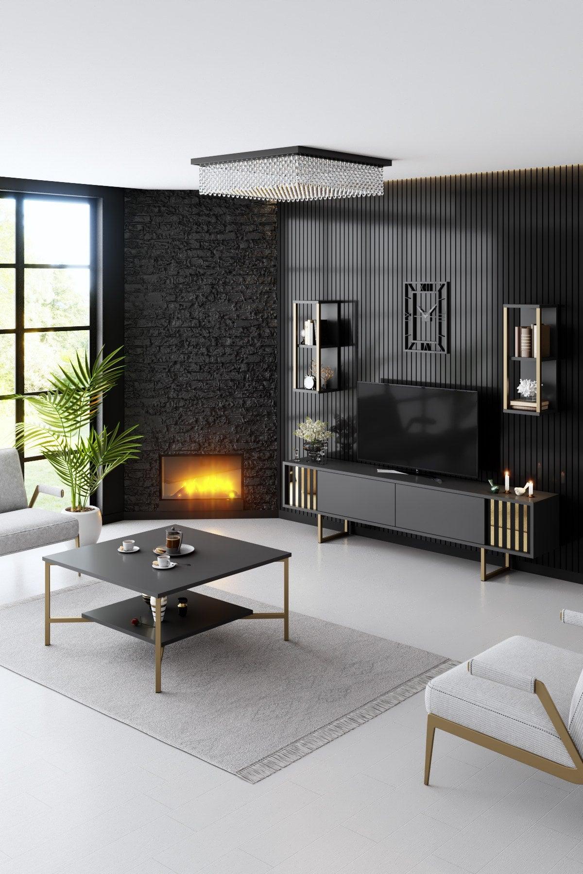 Masuta Cafea, PAL Melaminat / Metal, Gold Line, Negru / Auriu, 80x80x40 cm - Negru