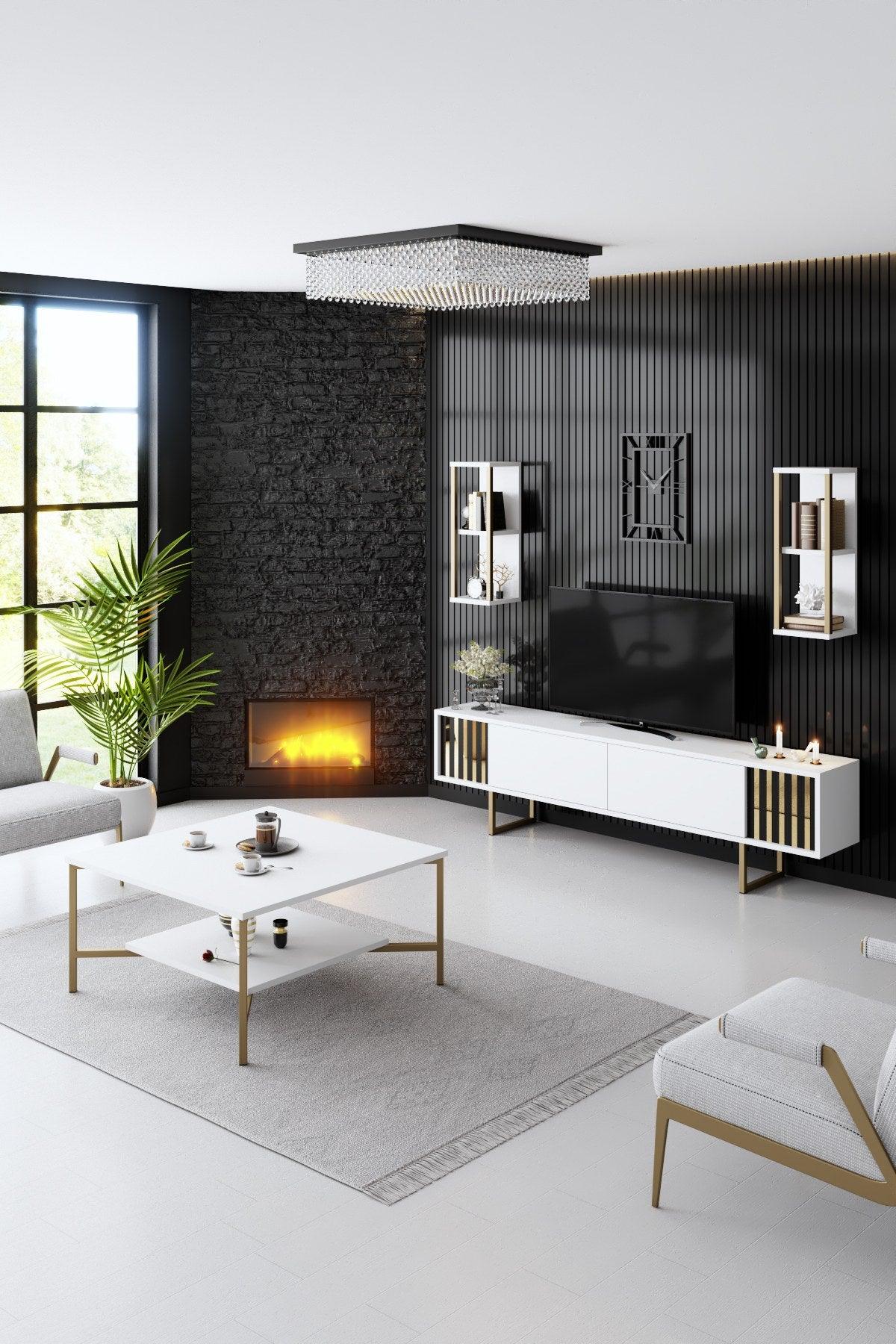 Masuta Cafea, PAL Melaminat / Metal, Gold Line, Negru / Auriu, 80x80x40 cm - Alb