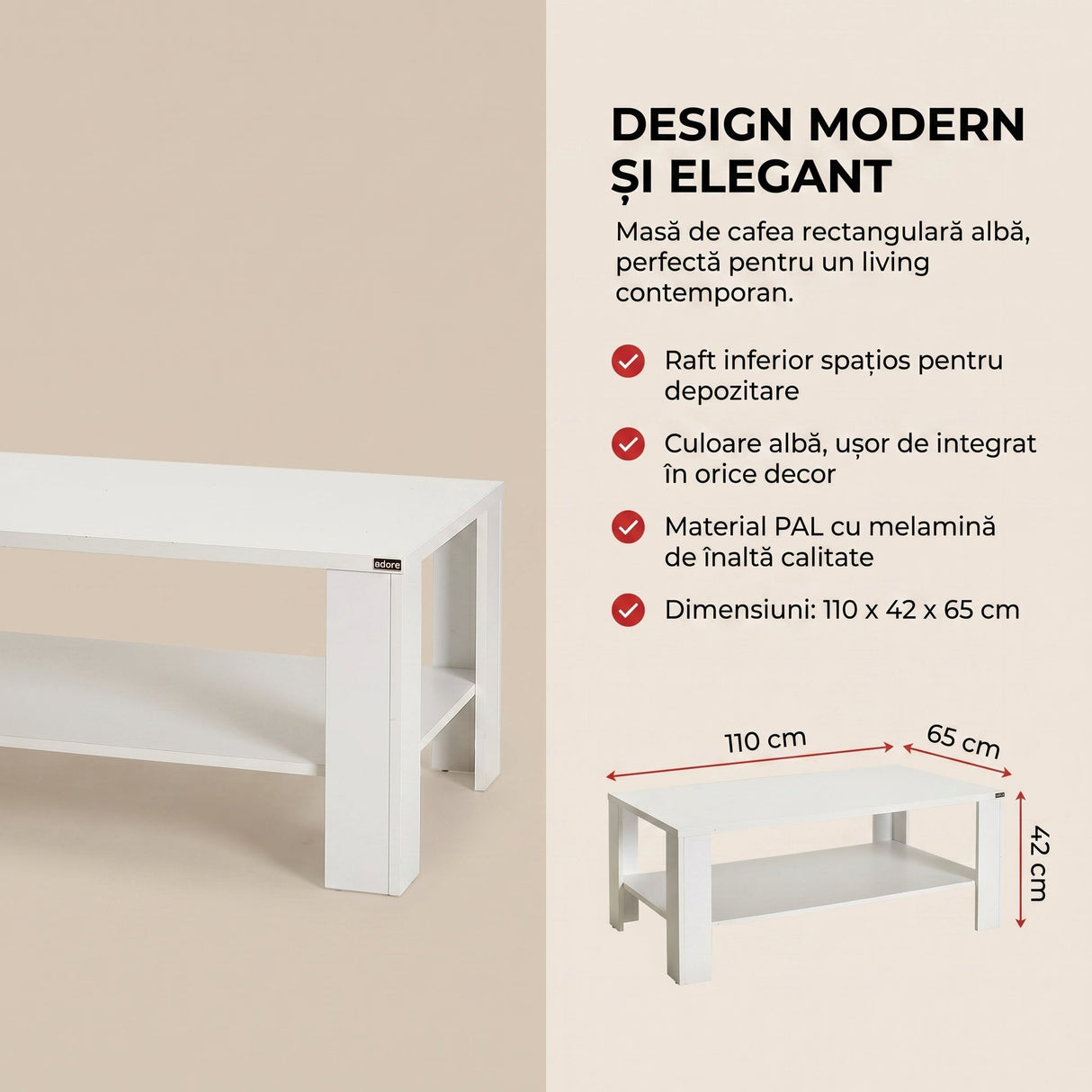 Masuta Cafea Rectangular SHP-695-DD-1 Home Collection® Living, Alb - Maro, 110x42x65 cm - Masuta Cafea Rectangular Adore Living, Alb, 110 x 42 x 65 Cm | SKU: SHP-695-DD-1, SHP-695-OO-1