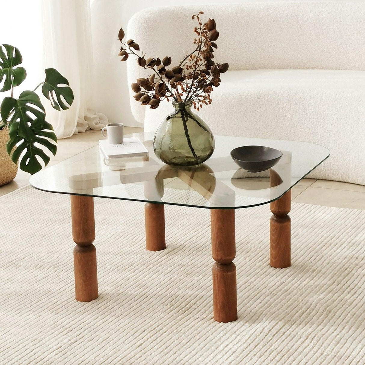 Masuta de cafea Kei Lemn Solid cu Sticla Securizata, 80x40x80 cm - Nuc