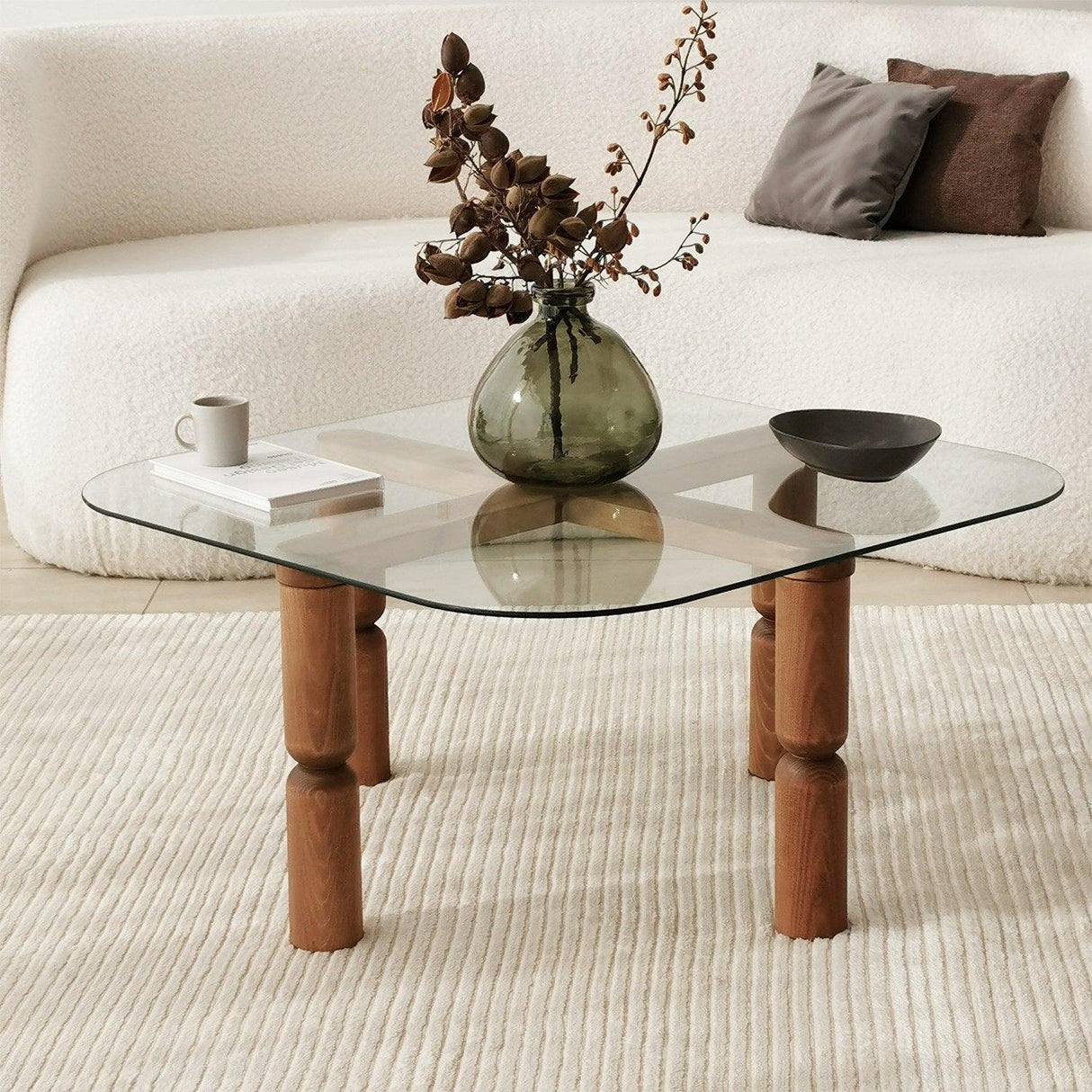 Masuta de cafea Kei Lemn Solid cu Sticla Securizata, 80x40x80 cm - Nuc
