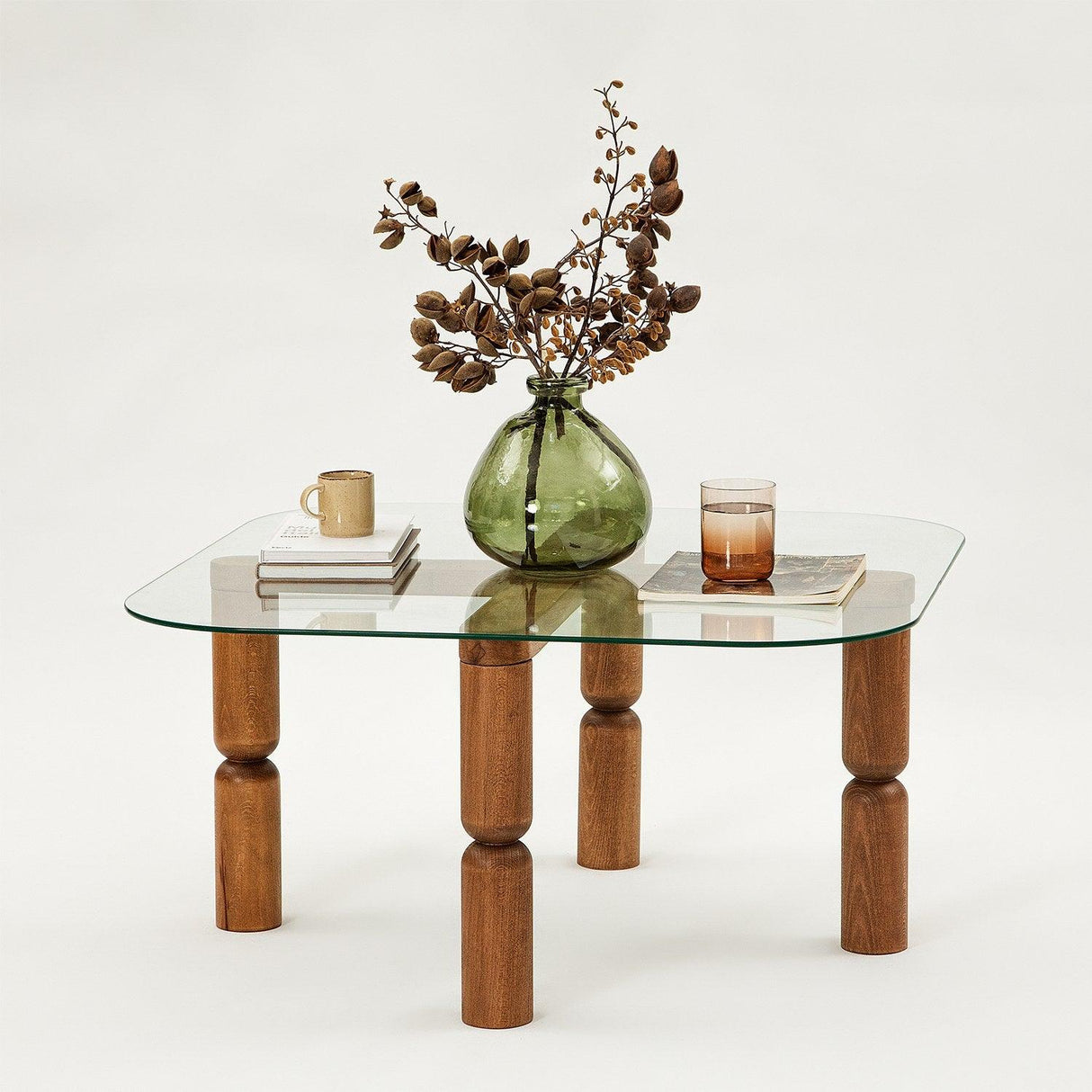 Masuta de cafea Kei Lemn Solid cu Sticla Securizata, 80x40x80 cm - Nuc