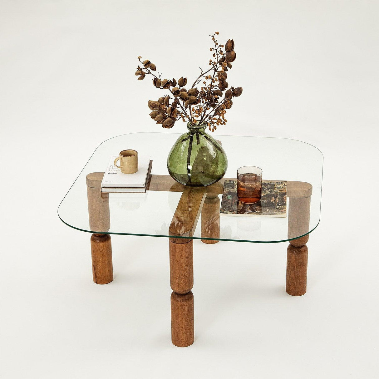 Masuta de cafea Kei Lemn Solid cu Sticla Securizata, 80x40x80 cm - Nuc
