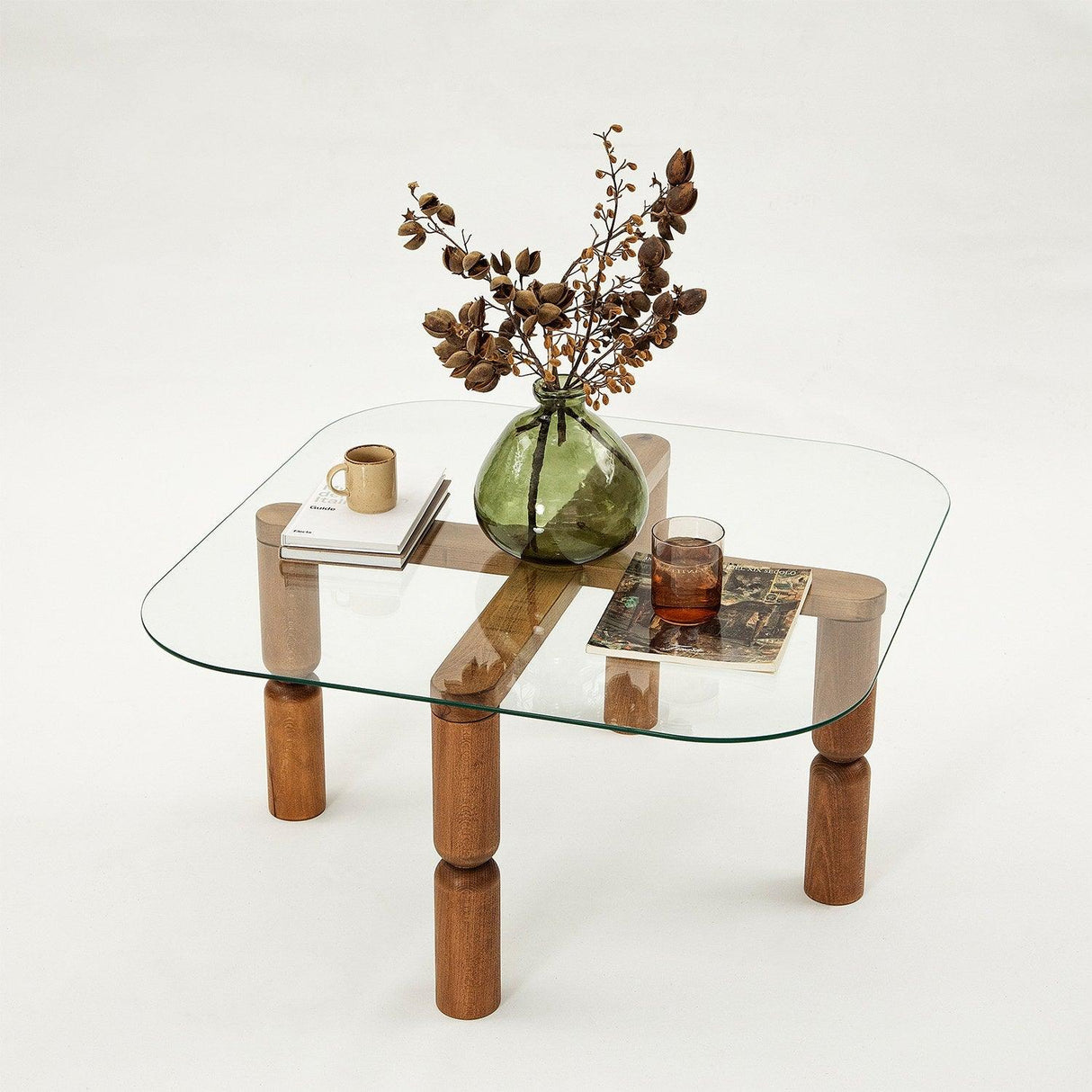 Masuta de cafea Kei Lemn Solid cu Sticla Securizata, 80x40x80 cm - Nuc