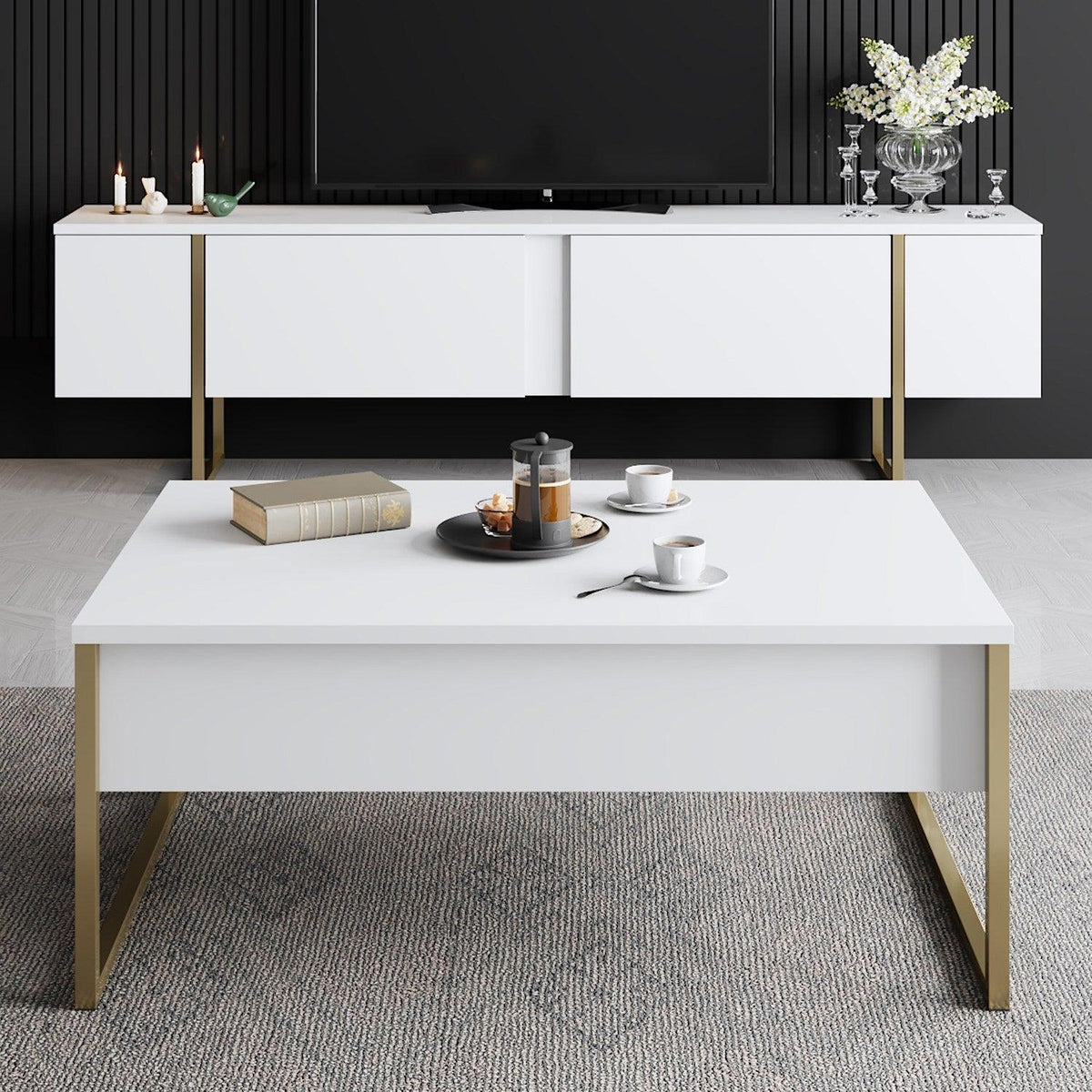 Masuta de cafea Luxe Stand Chic, Aur - Alb, 90 x 40 x 60 cm