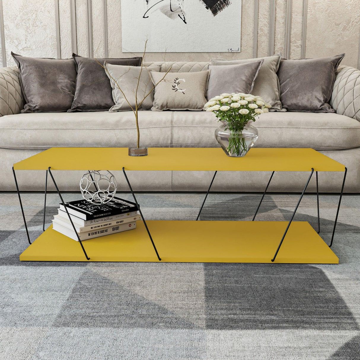 Masuta de cafea PyroTech, Alb - Stejar - Gri - Galben, 120x30x50 cm - Galben