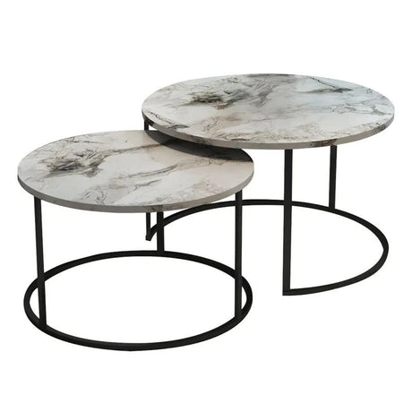 Mese de cafea cu aspect de marmură, Solme, metal negru, set 2 bucăți, 75x75x45 cm