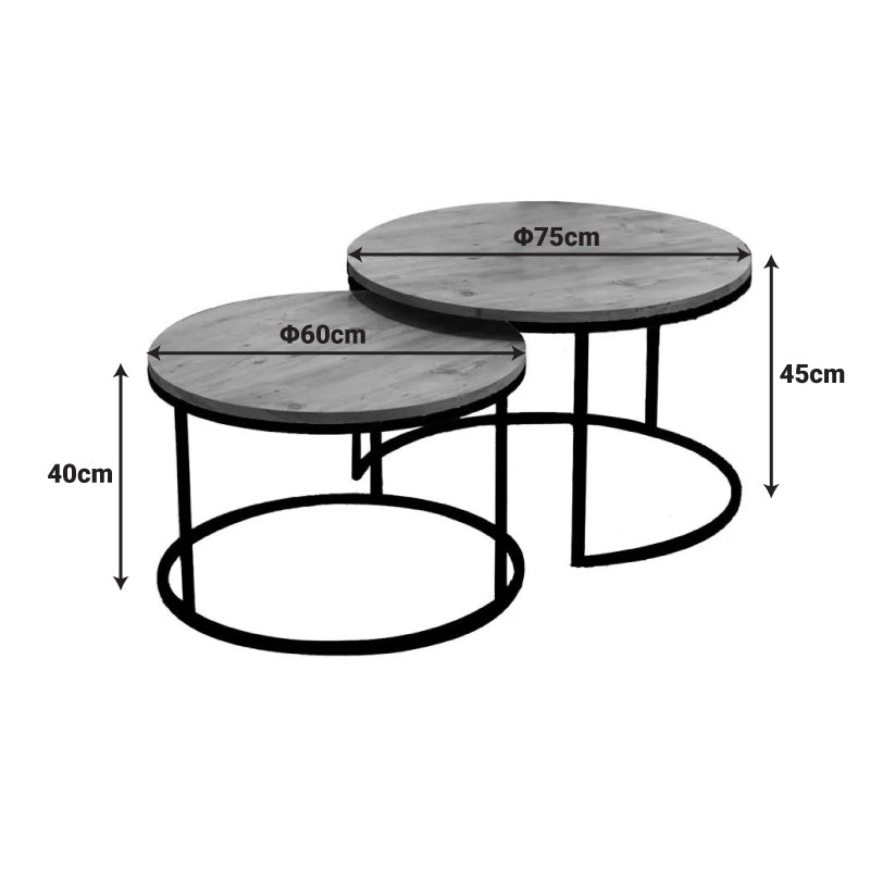 Mese de cafea cu aspect de marmură, Solme, metal negru, set 2 bucăți, 75x75x45 cm