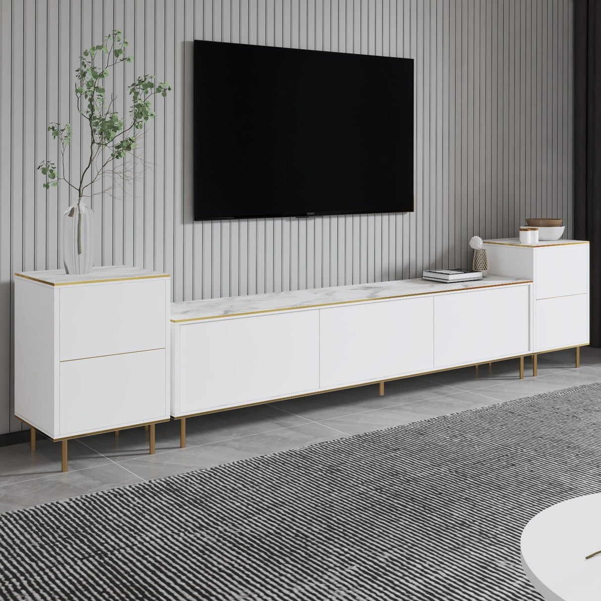 Comoda Tv Imag, Marmura, Alb, 180x35x45.2 cm - Comoda Tv Imag, Marmura, Alb, 180x35x45.2 cm