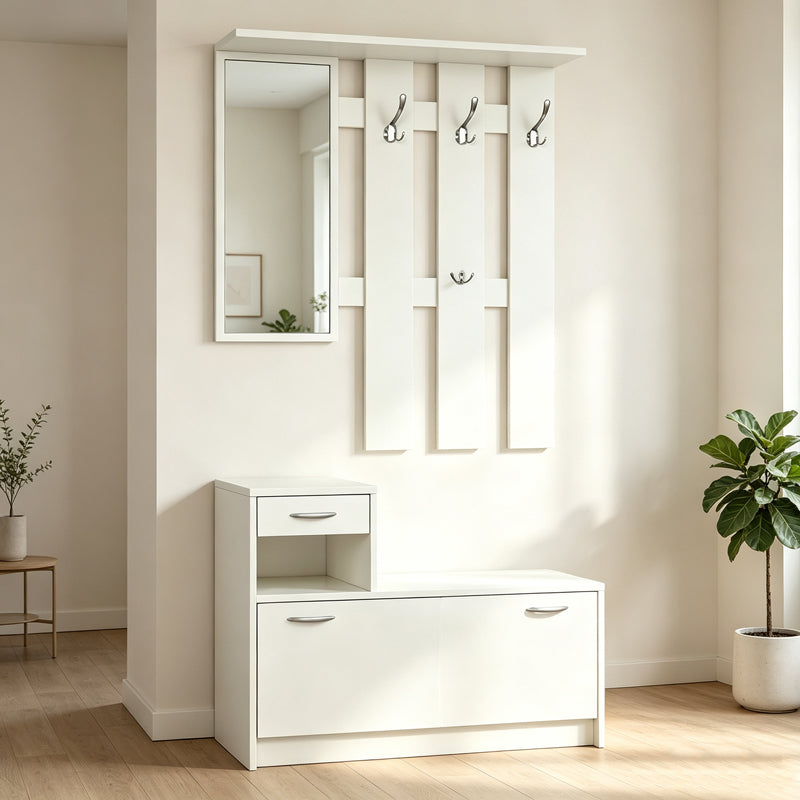 Mobilier de hol cu oglindă Jentia, Diverse culori, 100x24x186 cm - Alb | SKU: 431-000001 | Mobilier de hol cu oglindă Jentia, 100x24x186 cm, varianta Alb, produs pentru amenajarea locuinței, disponibil online în România la CasaMob