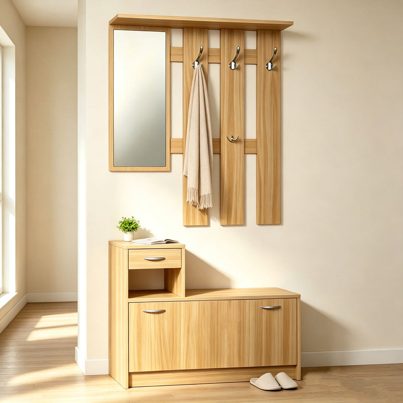 Mobilier de hol cu oglindă Jentia, Diverse culori, 100x24x186 cm - Stejar | SKU: 431-000002 | Mobilier de hol cu oglindă Jentia, 100x24x186 cm, varianta Stejar, produs pentru amenajarea locuinței, disponibil online în România la CasaMob