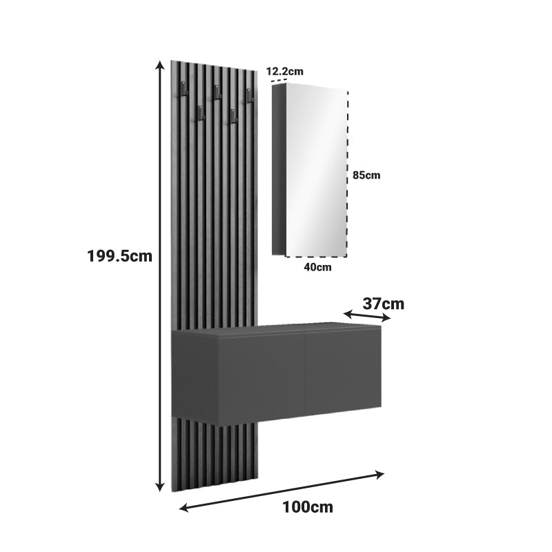 Mobilier de intrare Arika cu oglinda si riflaj, 100x37x199 cm - Stejar