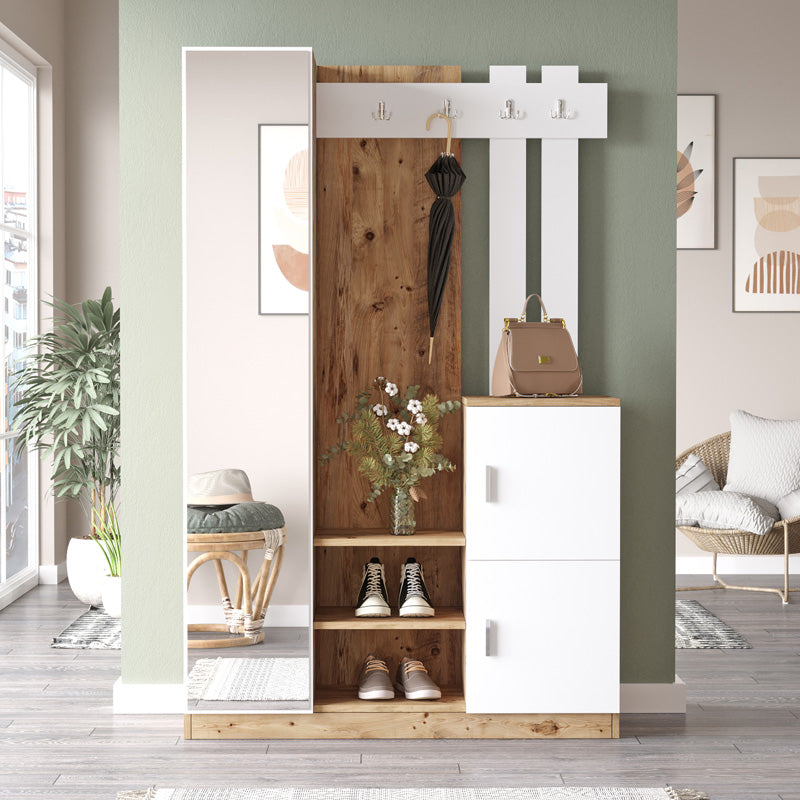 Mobilier de intrare Saron cu oglinda, 113x35x180 cm - Alb
