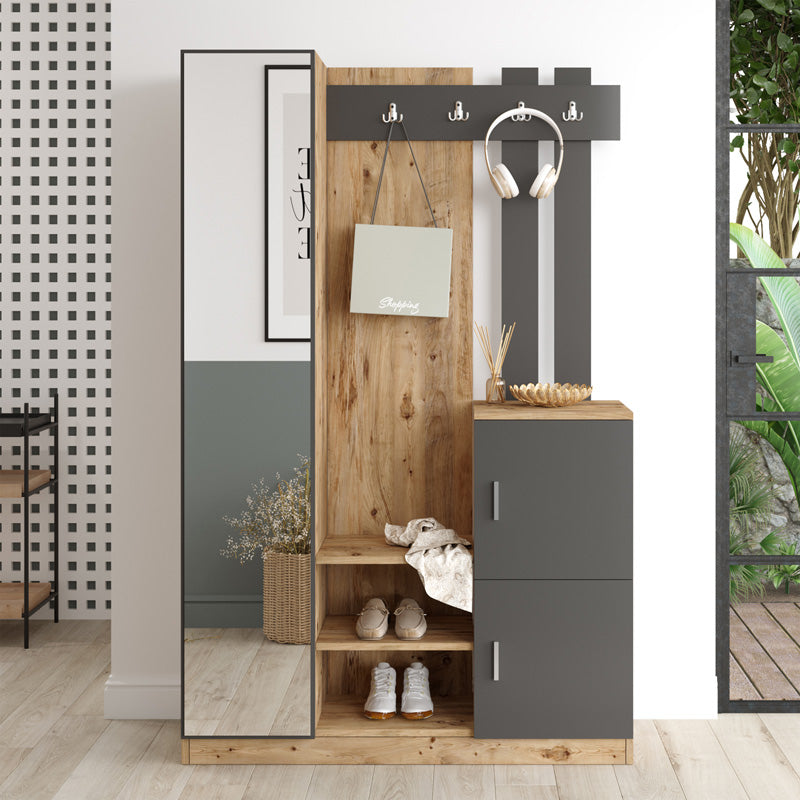 Mobilier de intrare Saron cu oglinda, 113x35x180 cm - Natur