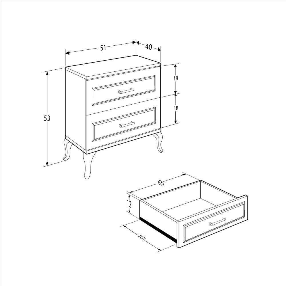 Noptiera KMD-1002-DD-1 Home Collection® Country, 2 sertare, Alb Lake, 51x53x40 cm