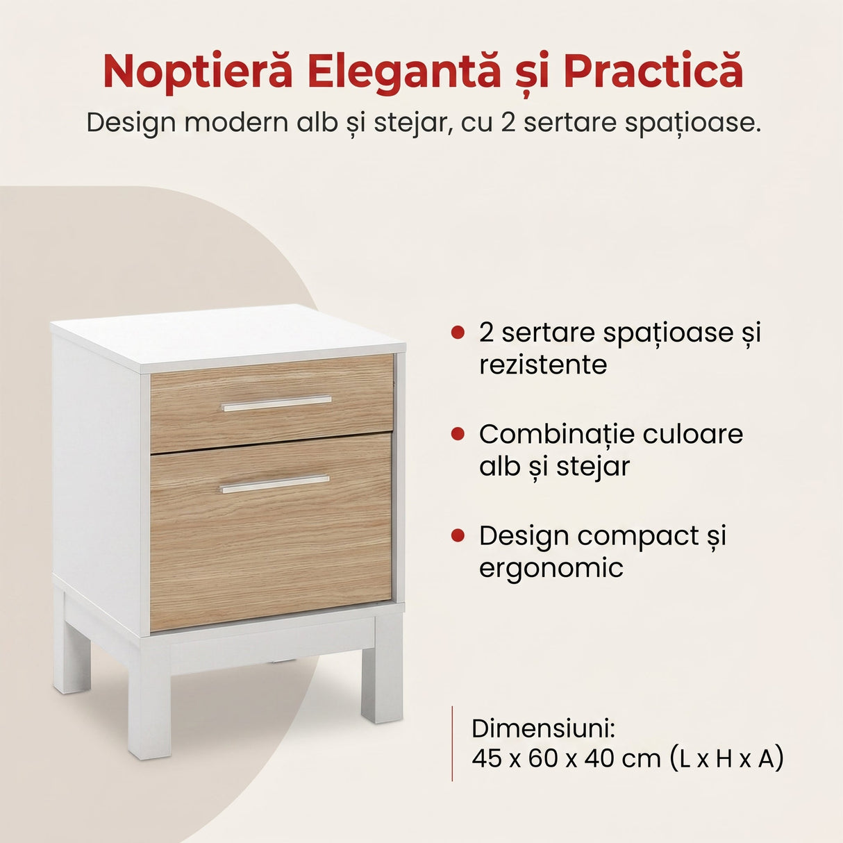 Noptiera KMD-1411-MB-1 Home Collection® London, 2 sertare, Alb, 45x60x40 cm