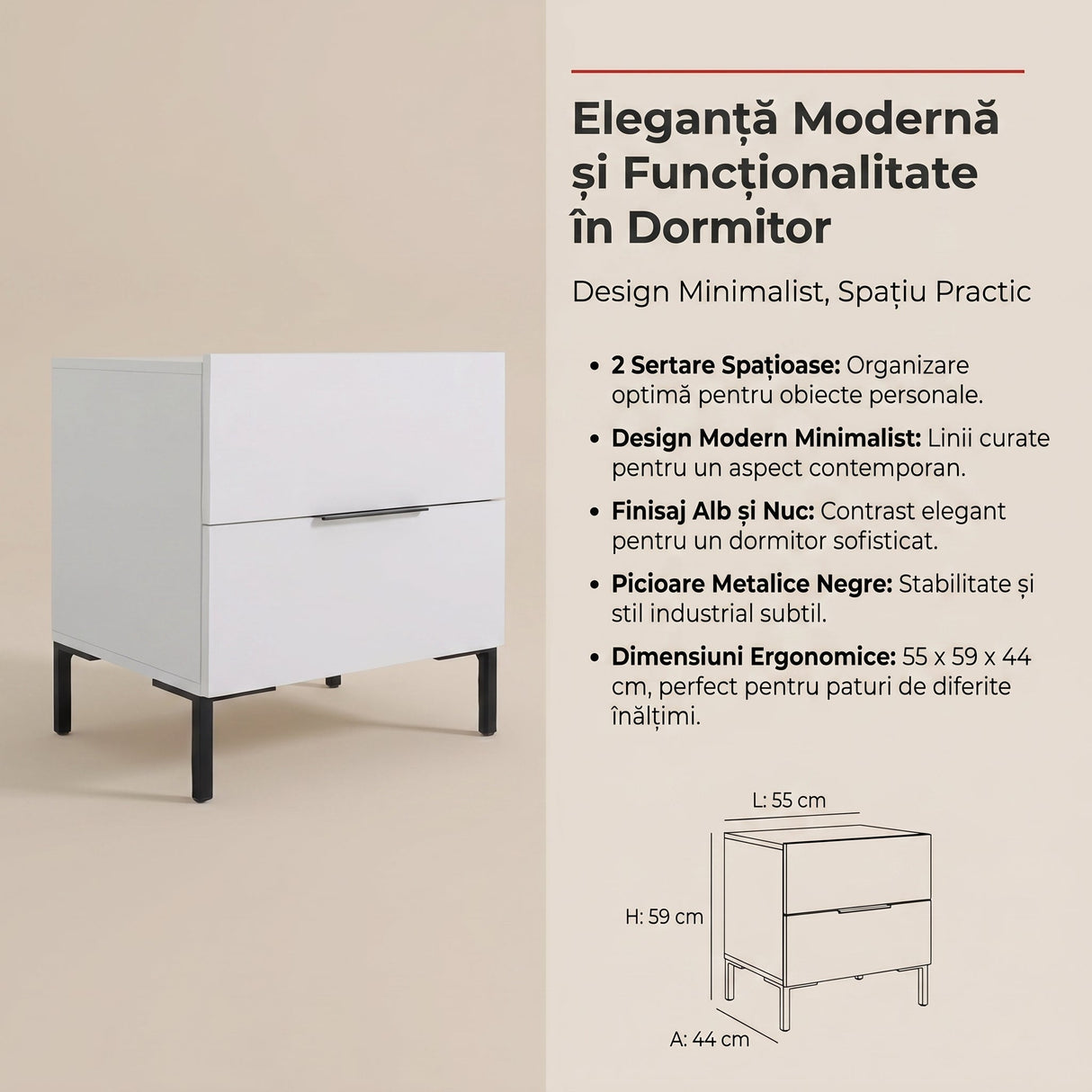 Noptiera KMD-1720-DD-1 Home Collection® Oryana, 2 sertare, Alb - Nuc, 55x59x44 cm - Alb | SKU: KMD-1720-DD-1, KMD-1720-OO-1, KMD-1720-FF-1