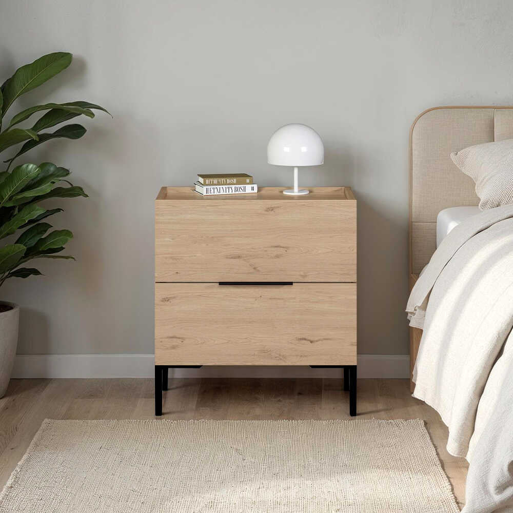 Noptiera KMD-1720-DD-1 Home Collection® Oryana, 2 sertare, Alb - Nuc, 55x59x44 cm - Stejar | SKU: KMD-1720-FF-1