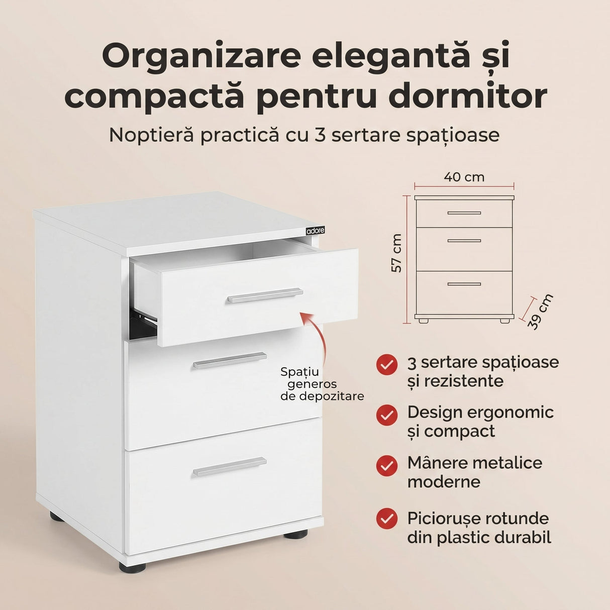 Noptiera KMD-530-BB-1 Home Collection® Trendline, 3 sertare, 40x57x39 cm - Alb | SKU: KMD-530-BB-1, KMD-530-OO-1, KMD-530-TT-1, KMD-530-SS-1