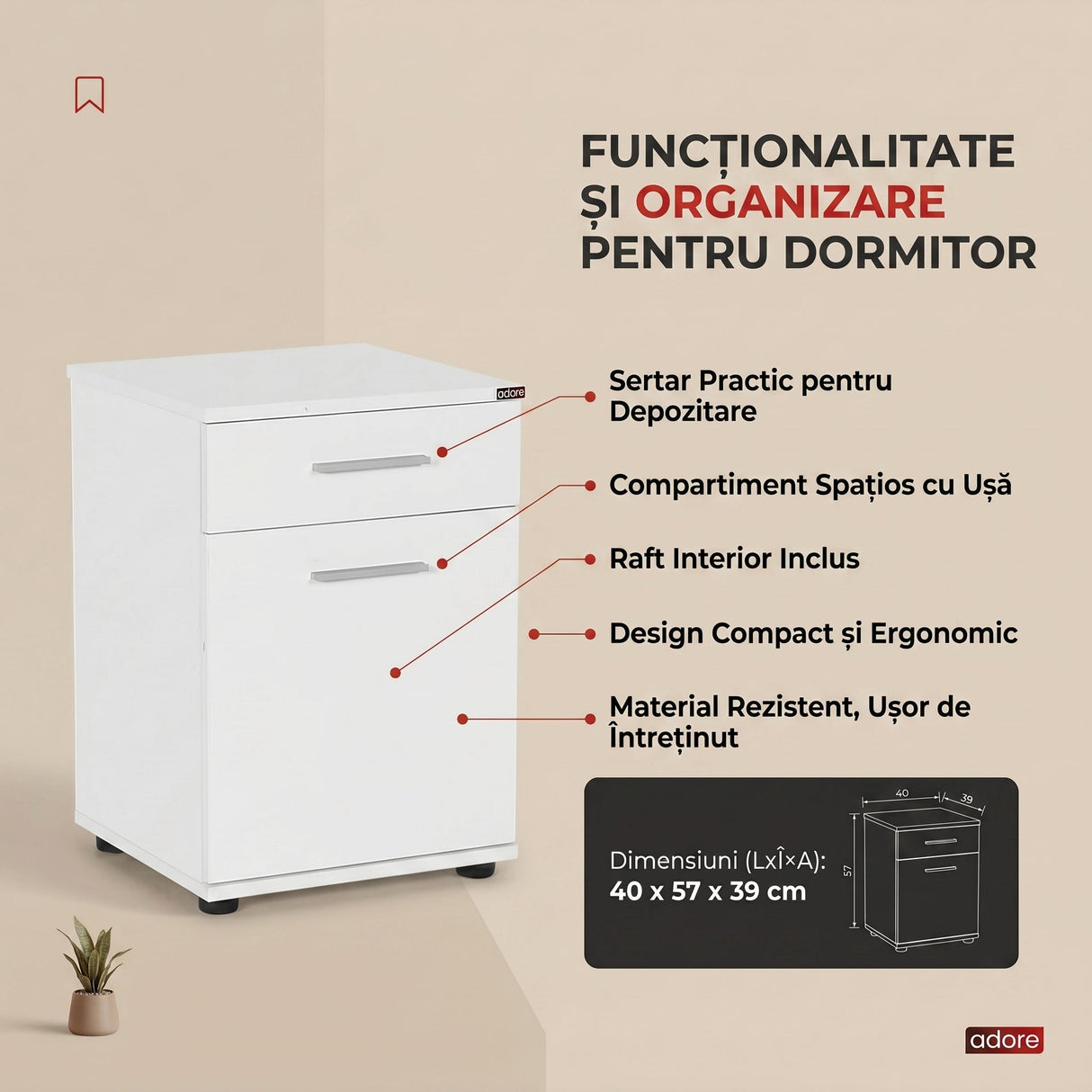 Noptiera KMD-511-BB-1 Home Collection® Trendline, Alb - Maro, 40x57x39 cm - Alb | SKU: KMD-511-BB-1, KMD-511-OO-1